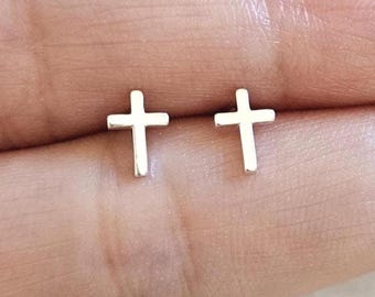 Sterling Silver Cross Earrings | Baptism Gift Present Minimalist Dainty Small Classic Cross Daughter Sister Teenager Coworker Roommate Gift