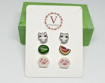 Sterling Silver Kitty Cat Earrings Watermelon Paw Stud Earrings