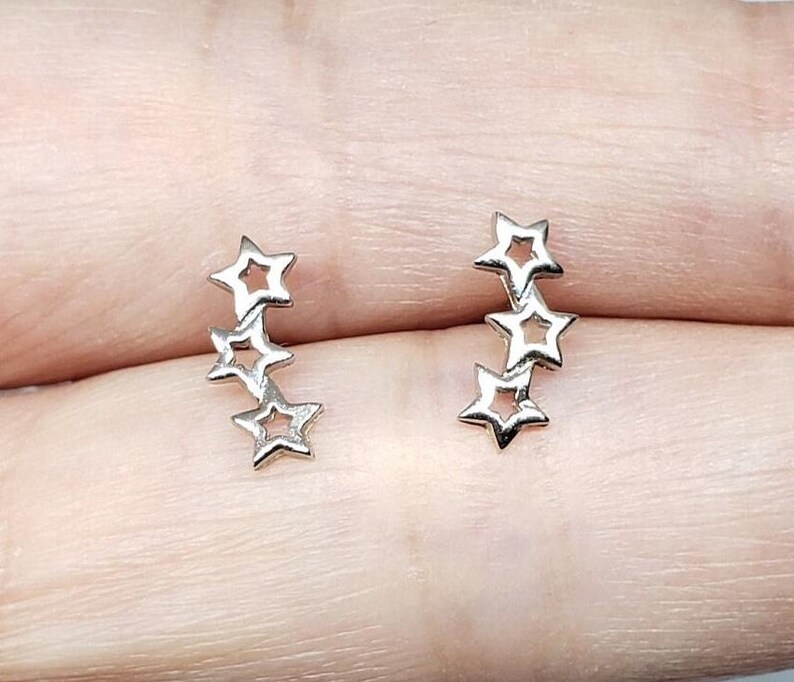 Triple Star Earrings Sterling Silver | Dainty Minimal Cute Ear Crawler Sister Birthday Gift Teenager Daughter Cousin Wife Present Girlfriend image 6