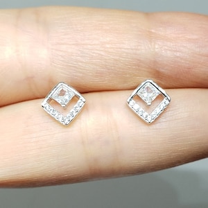 Sterling Silver Geometric Square Earrings Pretty Rhinestones Square Stud Earrings