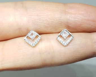 Sterling Silver Geometric Square Earrings Pretty Rhinestones Square Stud Earrings