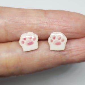 Sterling Silver Animal Paw Earrings | Cute White Cat Dog Stud Adorable Fun Plastic Resin Earrings Gifts Presents for Her Daughter Kids Girls