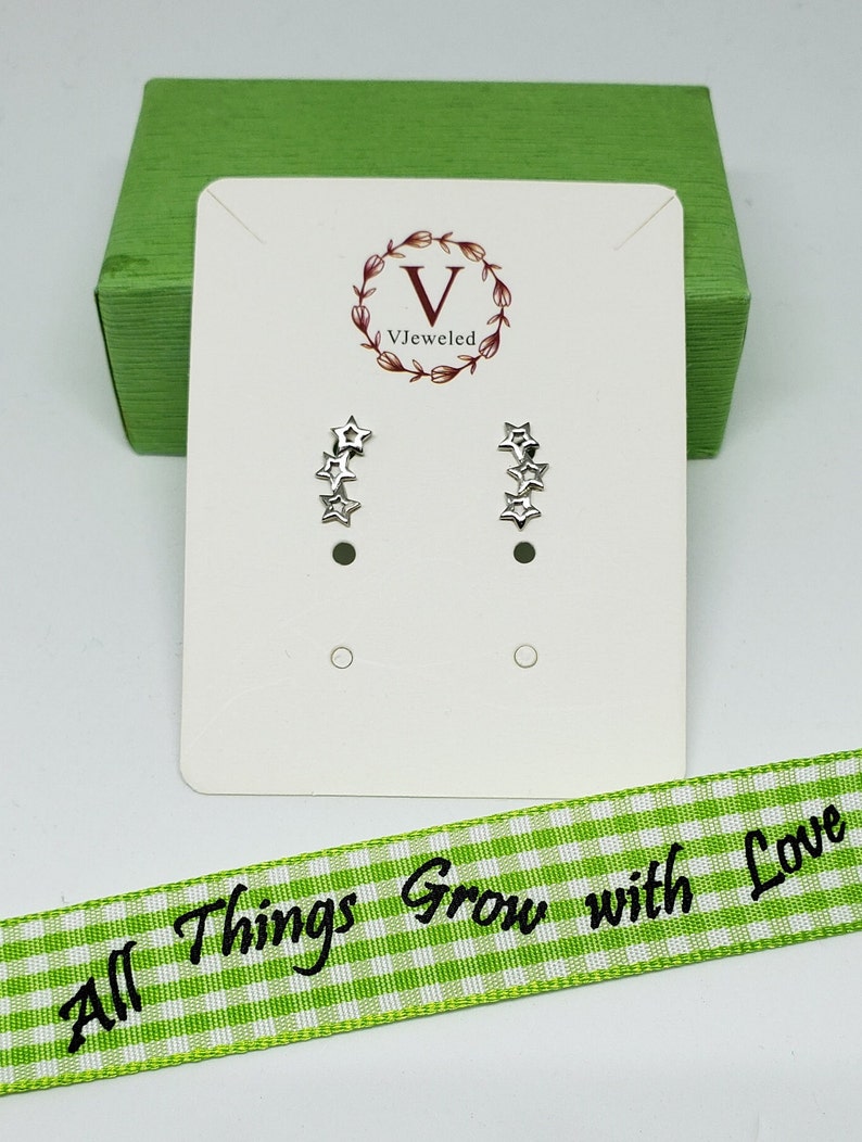 May include: A pair of silver star earrings on a white card with the text "VJeweled" and a floral design. The card is on top of a green box. A green and white gingham ribbon with the text "All Things Grow with Love" is in the foreground.