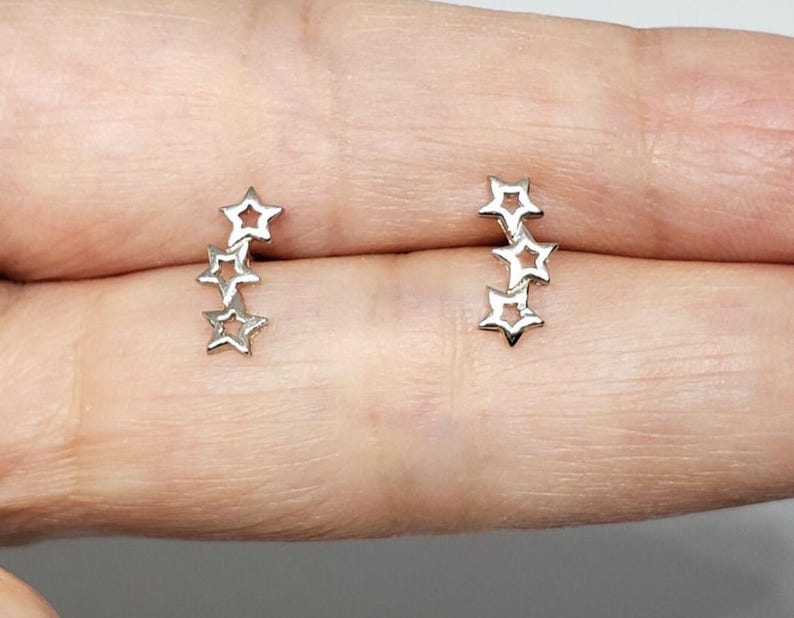 Triple Star Earrings Sterling Silver | Dainty Minimal Cute Ear Crawler Sister Birthday Gift Teenager Daughter Cousin Wife Present Girlfriend image 4