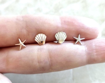 Sea Shell Star Fish Earring Sterling Silver | Cute Teenager Daughter Summer Earring Birthday Kid Children Gift Sister Mom Mother Sea Ocean