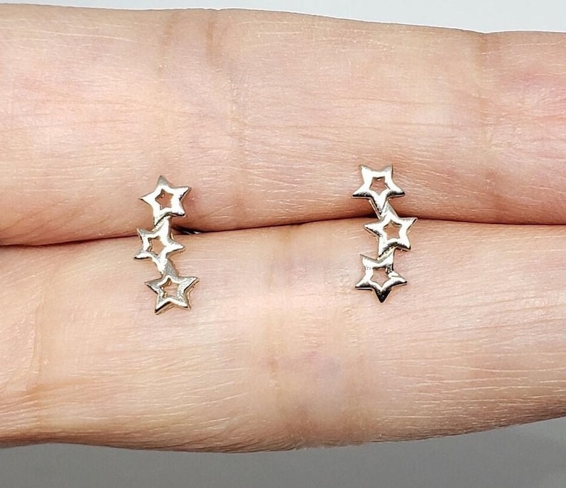 Triple Star Earrings Sterling Silver | Dainty Minimal Cute Ear Crawler Sister Birthday Gift Teenager Daughter Cousin Wife Present Girlfriend image 2