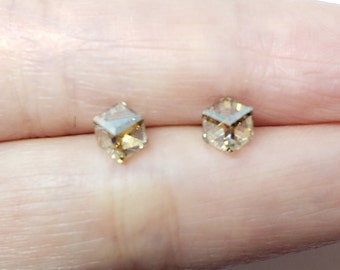 Sterling Silver Yellow Stone Earrings Geometric 3D Cube Stud Earrings