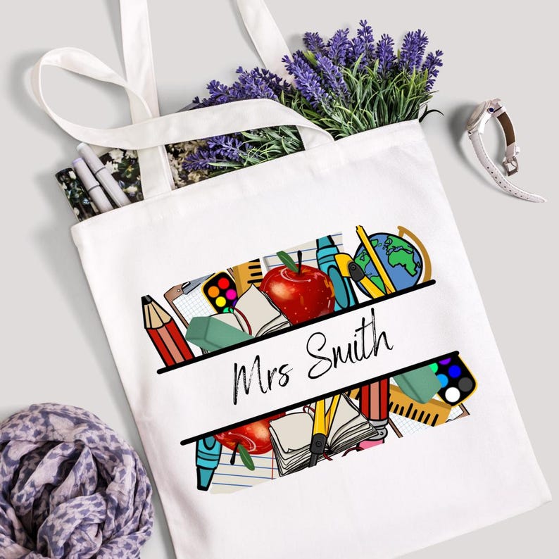 Personalized Teacher Tote Bag, Custom Name School Supplies Canvas Tote ...