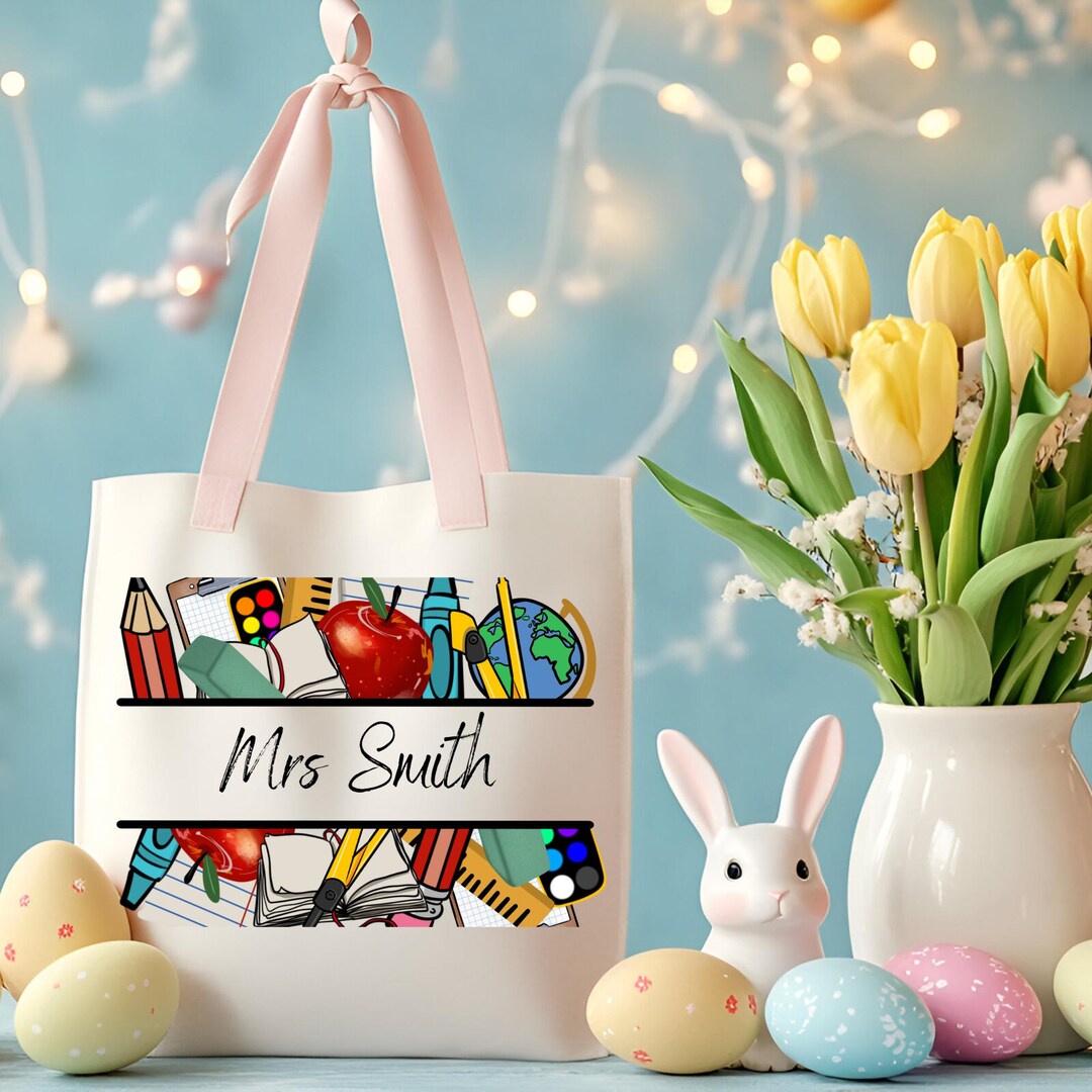 Personalized Teacher Tote Bag, Custom Name School Supplies Canvas Tote ...