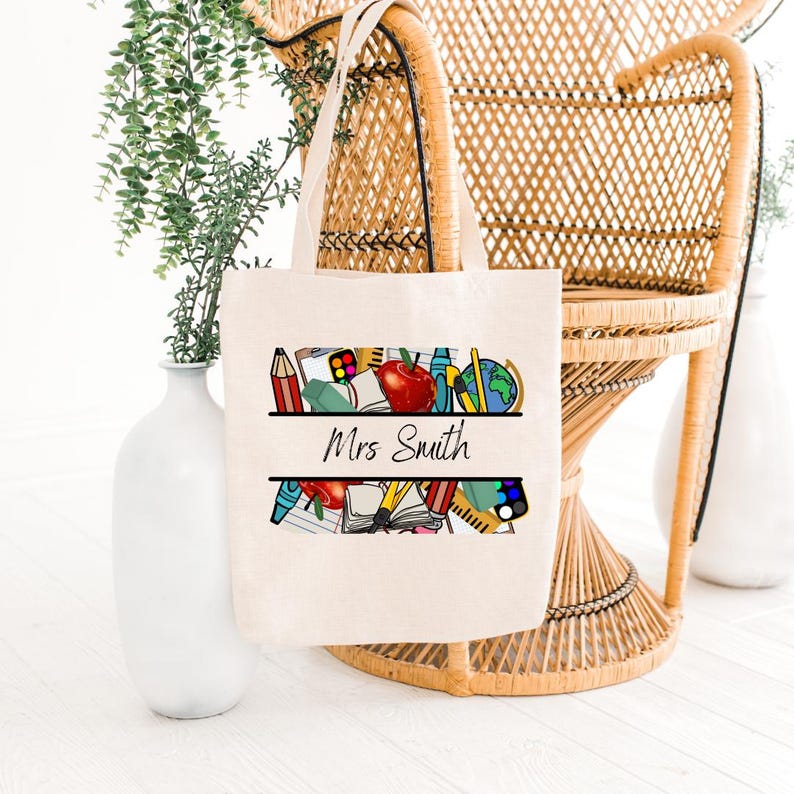 Personalized Teacher Tote Bag, Custom Name School Supplies Canvas Tote ...