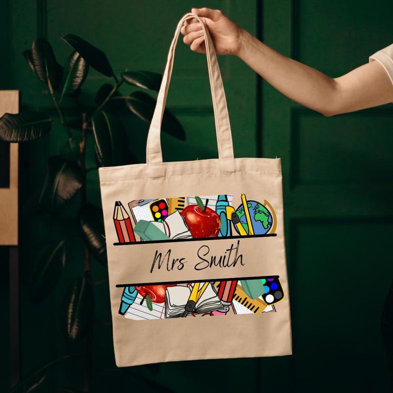 Personalized Teacher Tote Bag, Custom Name School Supplies Canvas Tote ...
