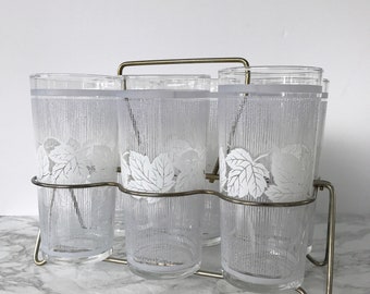 Vintage Leaf Pattern Drinking Glass Set with Caddy