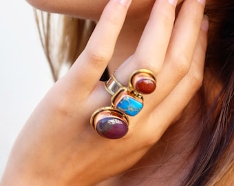 Anillo triple de turquesa y ágata: anillo ajustable para dedo largo