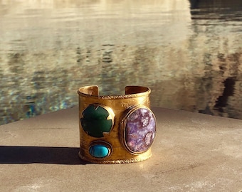 Gold Gemstone Trio Cuff – Turquoise, Amethyst & Agate Statement Bracelet