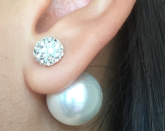 Sparkly Pave Crystal & Pearl Double‑Sided Earrings – Sterling Silver Statement Jewelry