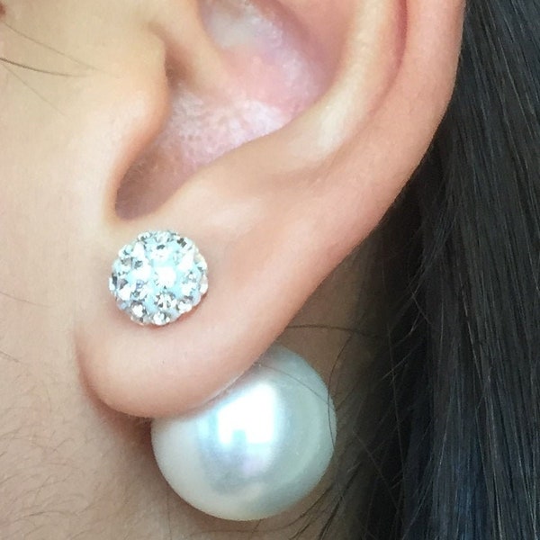 Boucles D'oreilles Double Perles En Argent Et Crystaux Swarovski Boucles D'oreilles Style Tribale En Blanc, Gris ou Dore