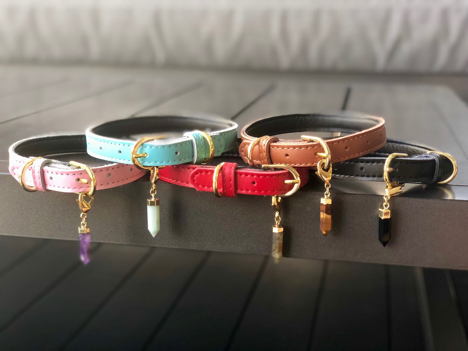 Leather Dog Collar With Healing Crystal Charm Dog Jewelry Etsy