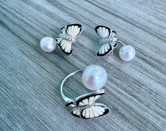 Enamel Butterfly & Pearl Ring + Earrings Set – Sterling Silver Jewelry Set