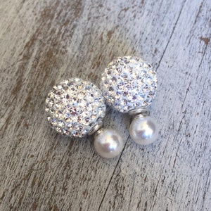 Orecchini con doppia perla in cristallo Swarovski bianco, nero o oro e argento sterling