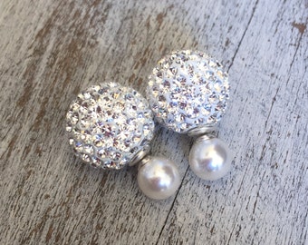 White or Gold Crystal & Double-Sided Pearl Earrings – Sterling Silver Statement Jewelry