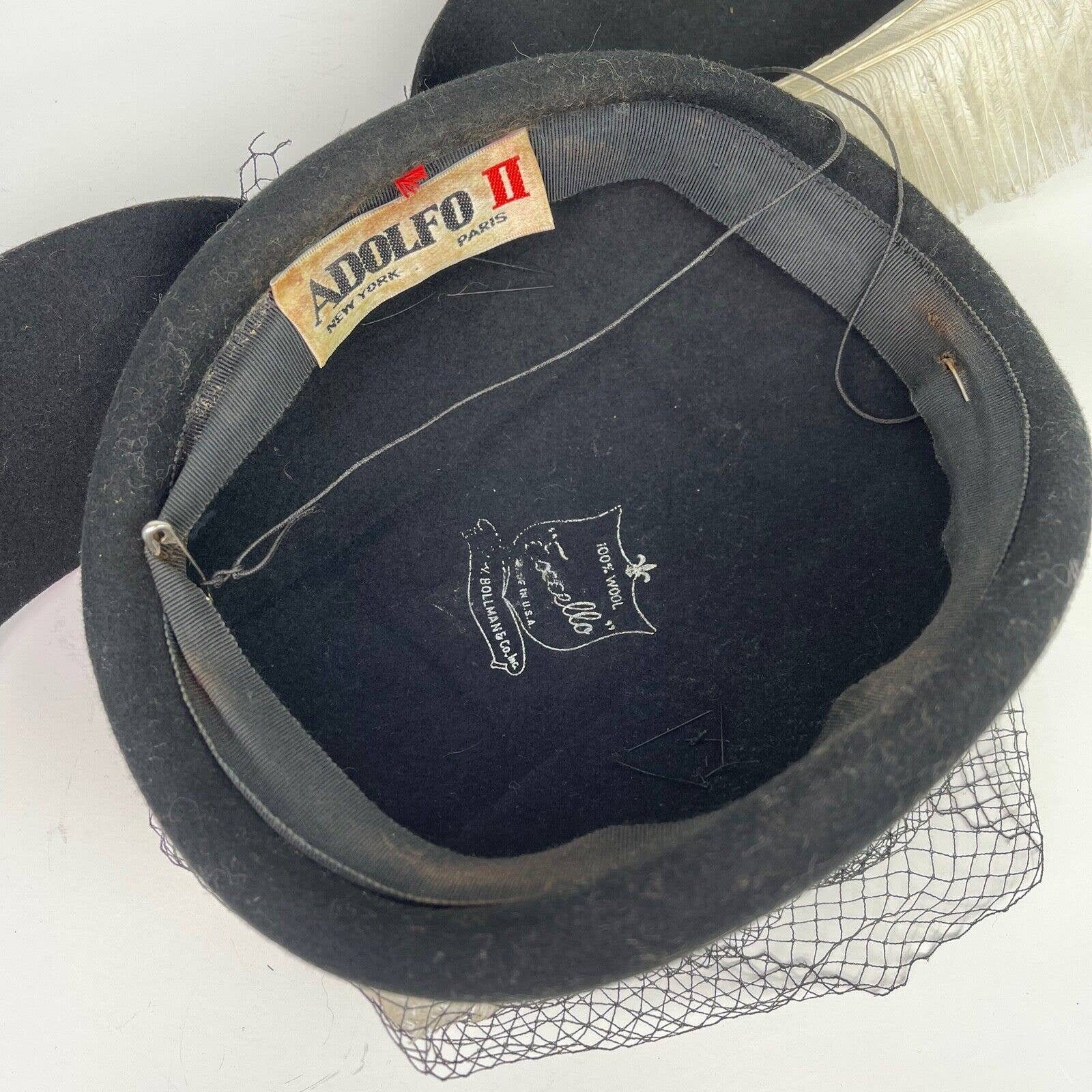 Vintage Adolfo II New York Paris Black Red Trim Bowler Hat 100% Wool Vintage Adolfo II New York Paris Black Round Wide Brim  main image 3