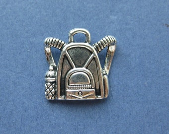 10  Backpack Charms - Backpack Pendants - School Charms - Backpack - Antique Silver - 16mm x 16mm -- (No.48-10647)