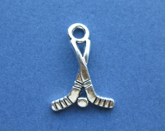 10 Hockey Stick Charms - Hockey Stick Pendants - Hockey Stick - Hockey Charm - Sports Charm - Silver Tone - 22mm x 16mm -- (No.127-10360)