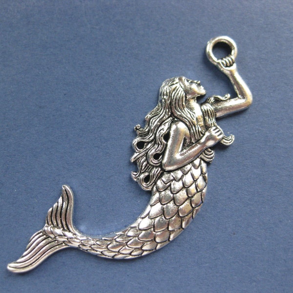 2 Large Mermaid Charms -  Mermaid Pendants - Large Mermaid Charm Pendant - Antique Silver - 7.6cm x 2.9cm --(No.111-10196)