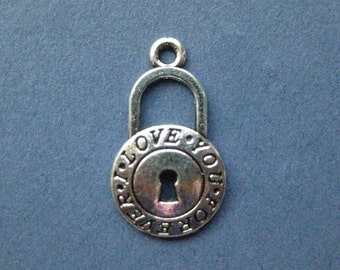 10 Love You Forver Lock Charms - Love You Forever Pendants - Love You Forever - Lock Charm - Antique Silver - 21mm x 12mm -- (No.65-10910)