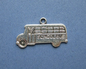 10  School Bus Charms - School Bus Pendants - School Charms - Bus - Silver Tone - 23mm x 13mm -- (T8-10347)