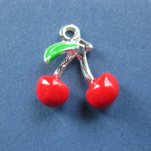 4 Cherry Charms - Cherry Pendants - Fruit Charm - Fruit Pendant - Enamel Charm - 16mm x 16mm -- (I8-10811)
