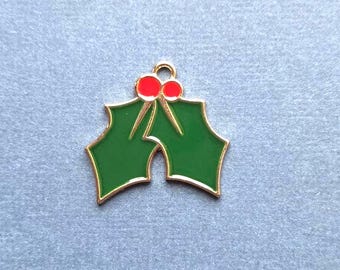4 Christmas Holly Charms - Christmas Holly Pendants - Christmas Charms - Holly - Winter - Gold Tone - Enamel- 22mm x 24mm - (R8-12480)