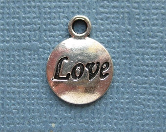 10 Love Charms - Love Pendants - Love - Love Carved Charm - Carved Charm - Round Charm - Antique Silver - 12mm -- (Y3-12241)