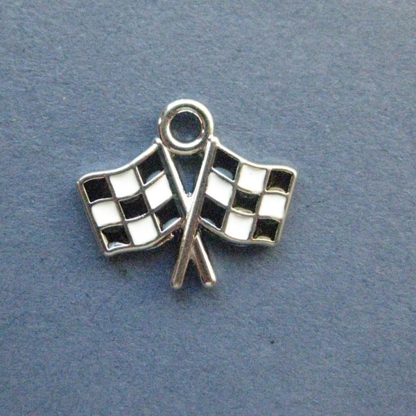 4 Checkered Flag Charms - Checkered Flag Pendant - Checkered Flag Charm - Enamel Charm - 18mm x 16mm -- (No.81-12009)