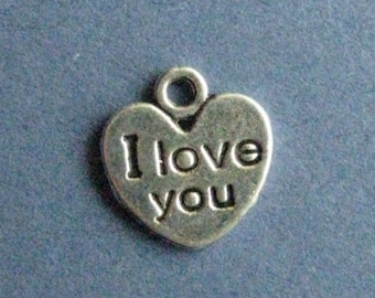 10 I Love You Charms - I Love You Pendants - Valentine Charm - Heart Charm - Antique Silver - 12mm x 11mm  -- (U3-10305)