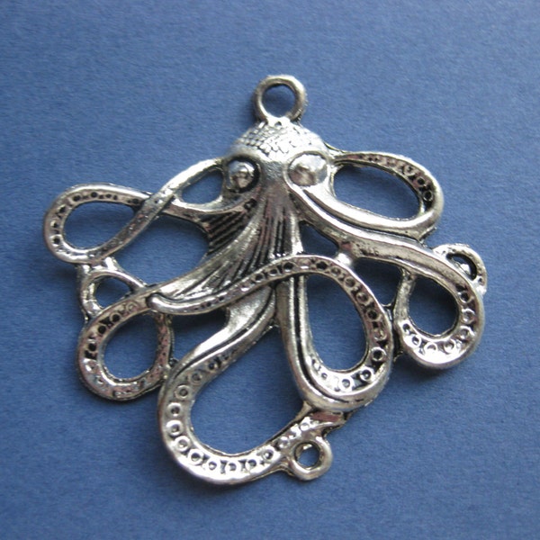 2 Octopus Charms -  Octopus Pendants - Large Octopus Charm Pendant - Antique Silver - 45mm x 49mm -- (Q-T1-10860)