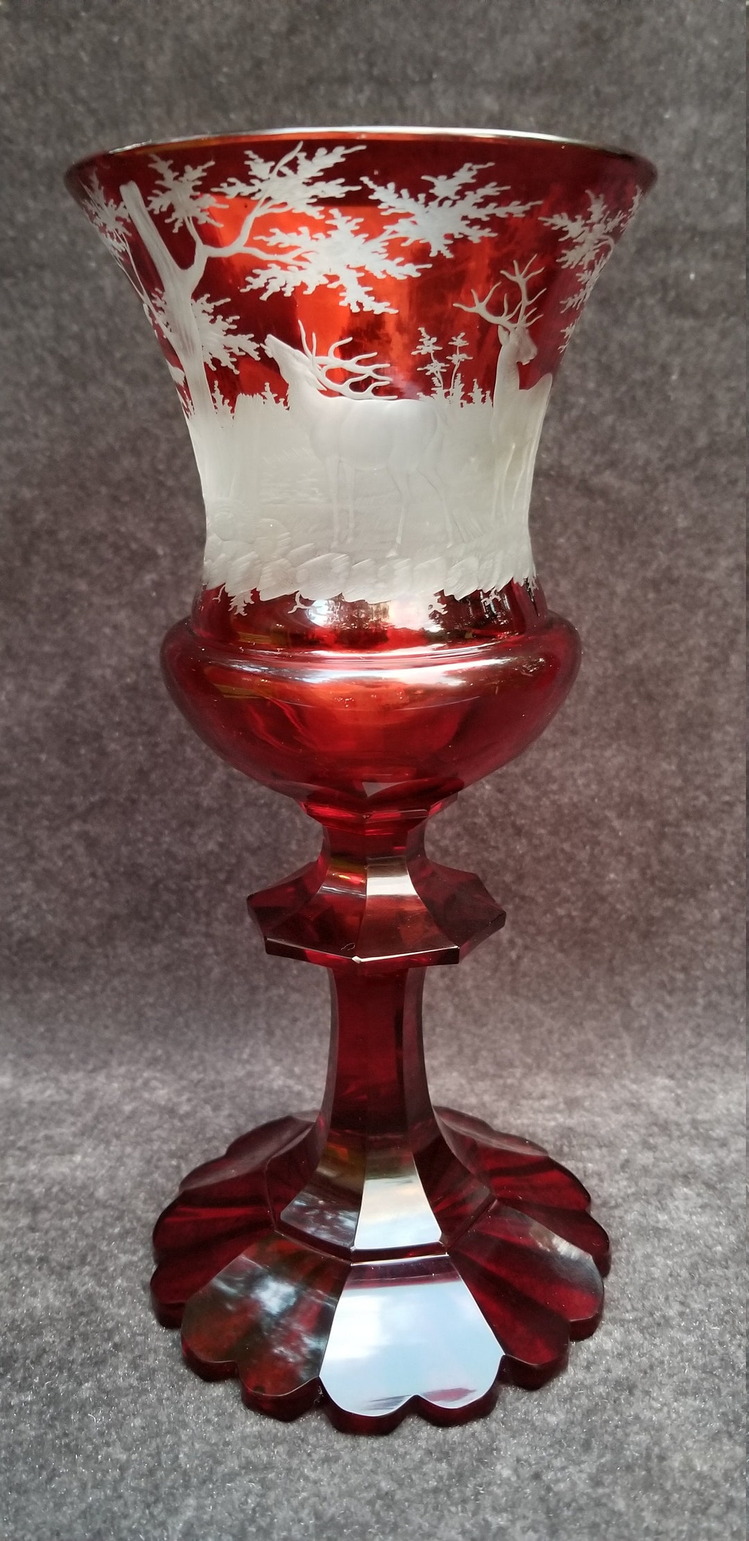 BOHEMIAN Etched Ruby Glass Forest Scene Goblet From First Half - Etsy
