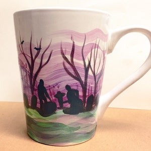 SPN mug,Supernatural Sam and Dean Winchester, Ceramic Mug, SPN gift, Winchester Bros,Hand Painted Mug,Salt and Burn, cemetery, spooky mug