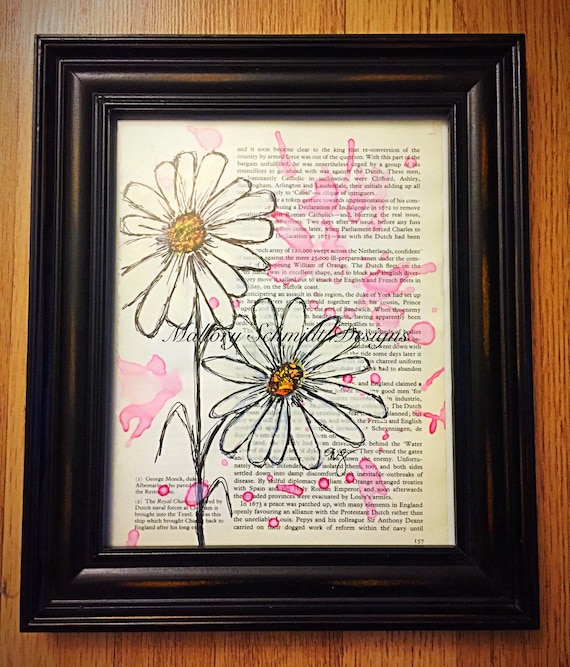 Altered Book Art Daisy Book Page Art Daisy Room Decor Kids Home Decor Flower Pen And Ink Book Print Decor White And Pink Wall Art
