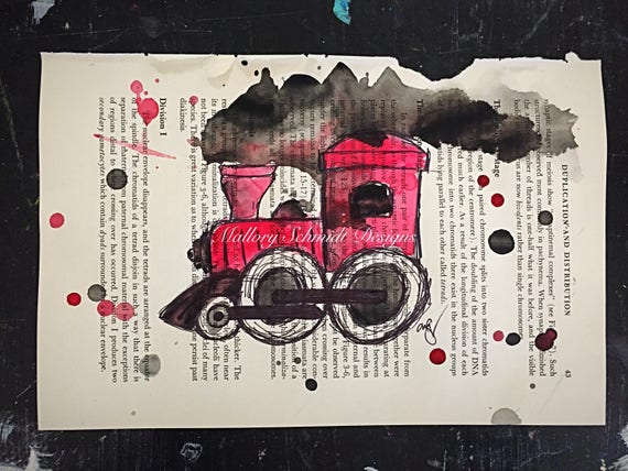Red Train Drawing Red Kids Decor Childrens Room Art Nursery Decor Boys Room Art Red Book Art Train Art Train Decor Ink Drawing Book Page