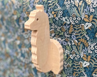 Llama wall hook for kids rooms - playful birch wooden wall hanger for coats, bags, & backpacks