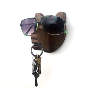 Bear head wooden wall hook for keys and glasses (Walnut): wooden bear wall hanger for keys, glasses, & sunglasses - housewarming gift