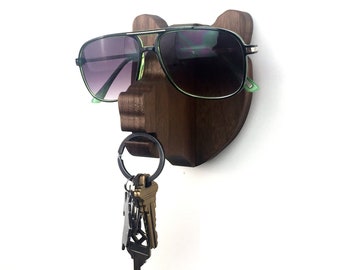 Bear head wooden wall hook for keys and glasses (Walnut): wooden bear wall hanger for keys, glasses, & sunglasses - housewarming gift