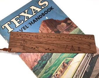 Walnut wooden bookmark with engraved desert artwork and suede accent; gift for booklover; outdoors lover; camper, hiker and backpacker