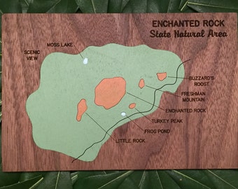 Enchanted Rock State Natural Area map art: handpainted Austin map with park feature callouts; gift for Austinites, hikers, outdoors lovers