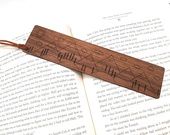 Walnut wooden bookmark with engraved happy mountain scene and suede accent; gift for booklover; outdoors lover; mountain art