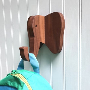 Nursery wall hooks - Elephant wall hook in walnut: playful wooden hanger for coats, bags, & backpacks - safari nursery, kids room wall hook