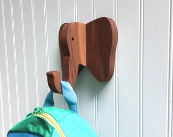 Nursery wall hooks - Elephant wall hook in walnut: playful wooden hanger for coats, bags, & backpacks - safari nursery, kids room wall hook