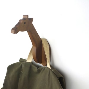 Giraffe kids room wall hook in walnut: great for a safari nursery, wooden giraffe wall hanger for coats, hats, & backpacks, giraffe gift