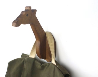 Giraffe kids room wall hook in walnut: great for a safari nursery, wooden giraffe wall hanger for coats, hats, & backpacks, giraffe gift